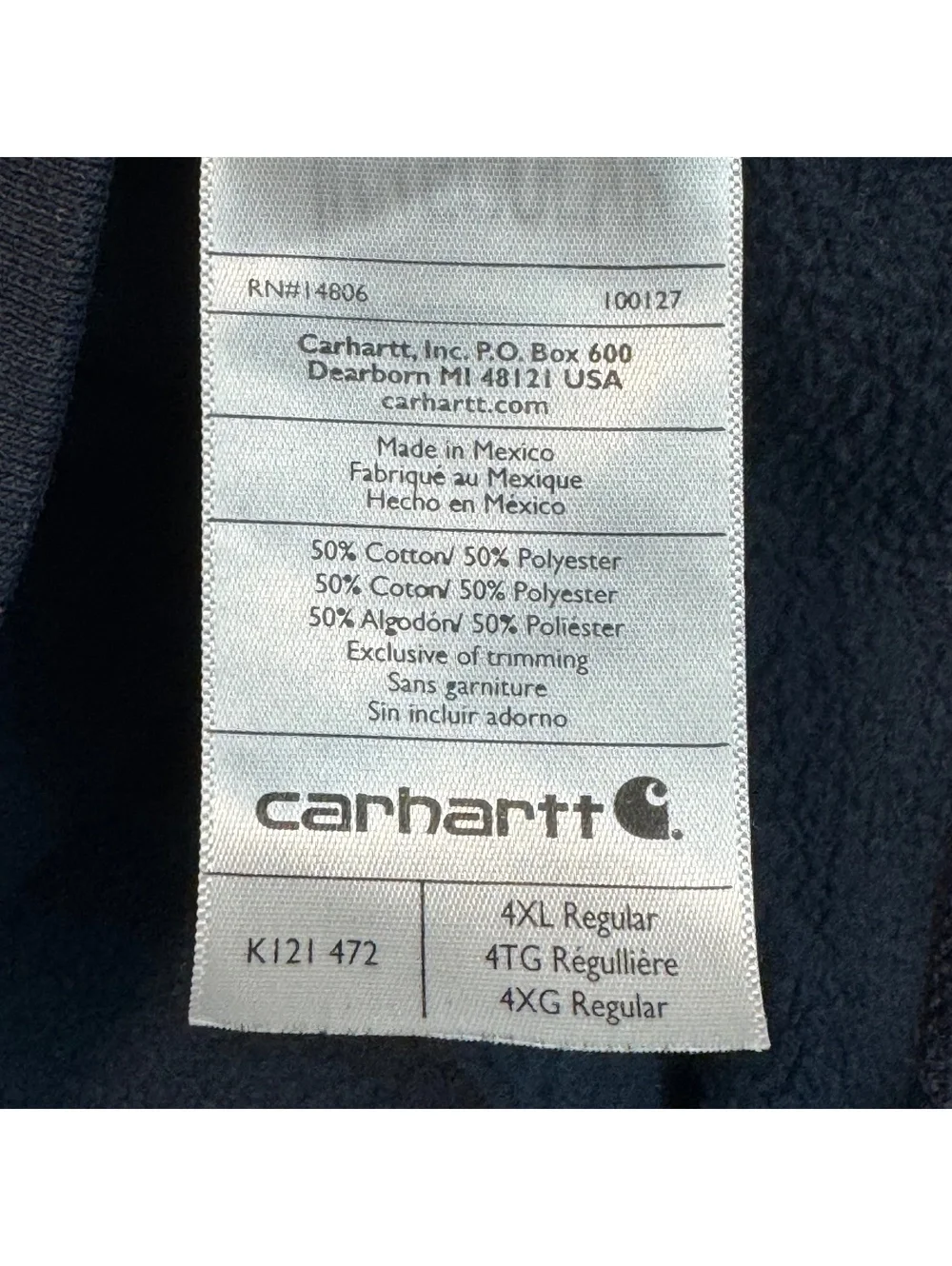 Carhartt Hoodie Men's 4XL Original Fit Blue Hooded Sweatshirt Hoody